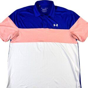 Under Armour Playoff Polo Shirt Mens Large Blue Colorblock Short Sleeve Golf